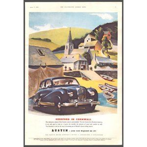 1951 Austin A70 Hereford in Cornwall Color Vintage Print Ad Fishing Boats Art